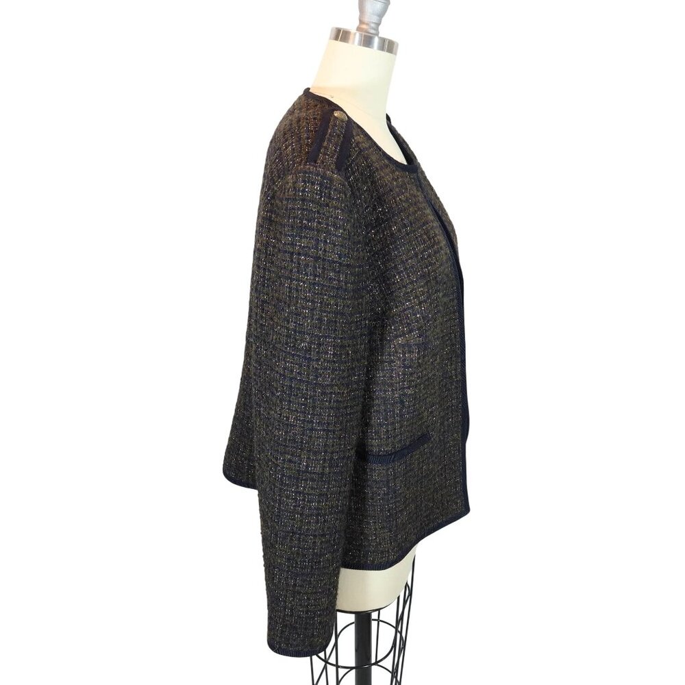 TALBOTS Olive Green Tweed Open Jacket 14 Preppy Classic Military Wool Cotton - Picture 2 of 7